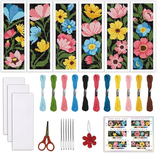 ORIGACH 6 Set Dark Background Flower Cross Stitch Bookmark Kit for Beginners Stamped Embroidery Kit Include Backing Felt and Instruction Beginner Cross Stitch Kits for Adults, Book Lovers