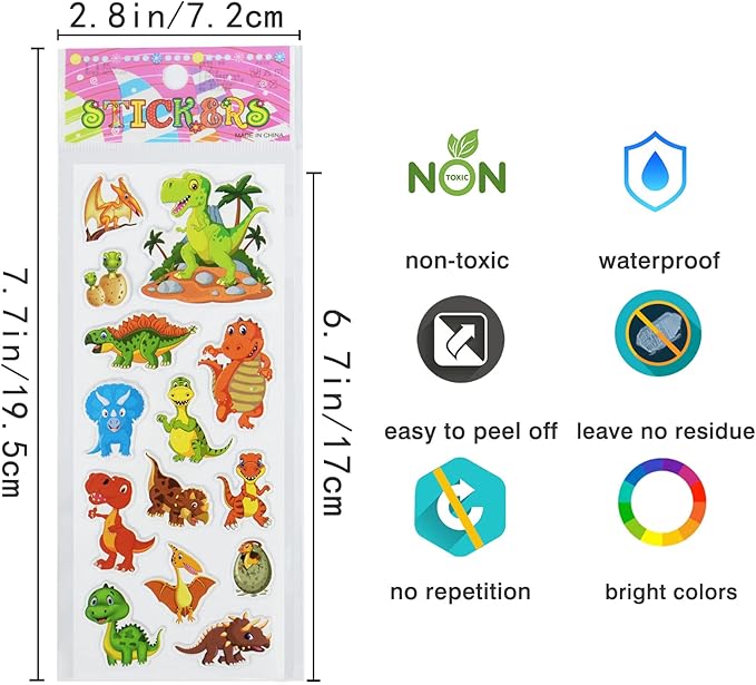 24 sheets(400+) dinosaur 3d puffy stickers for toddlers kids, bulk preschool sticker sheets for reward, craft, scrapbooking