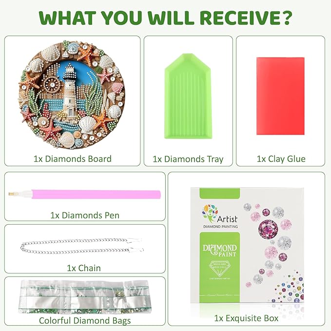 MEIYUDA Lighthouse Diamond Art Hanging Kits for Adult, Shell Starfish Wreath Diamond Painting Hanging Kits Ornaments, DIY Special Shaped Rhinestone Window Pendants Kit for Home Garden Wall Decor Gift