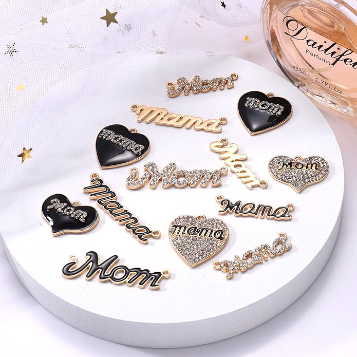 18/20PCS Mama Charms for Jewelry Making Rhinestone Heart Birthday Mother’s Day Charms Letter Mama Mom Pendants for Necklace Bracelet Making DIY Crafts