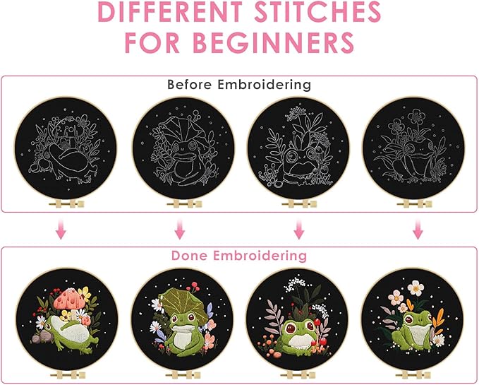 TINDTOP 4 Pack Embroidery Kit for Adult, Embroidery DIY Starter Kit, with Stamped Patterns, Hoop, Tools, Colorful Threads with Needles, Instructions