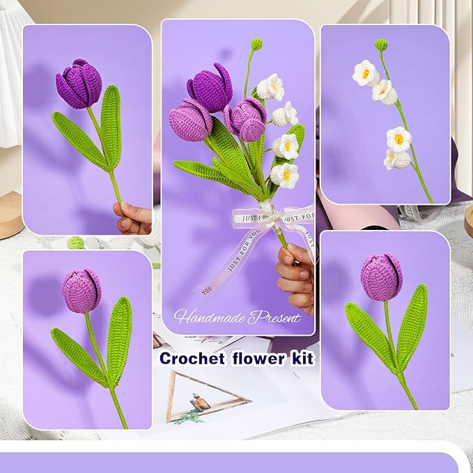 Iuuidu Crochet Kit for Beginners, Flower Bouquet Crochet Kit, Crochet Starter Kits with Step-by-Step Video Tutorials and Hook for Adults DIY Craft Birthday Wedding Present, Home Decor