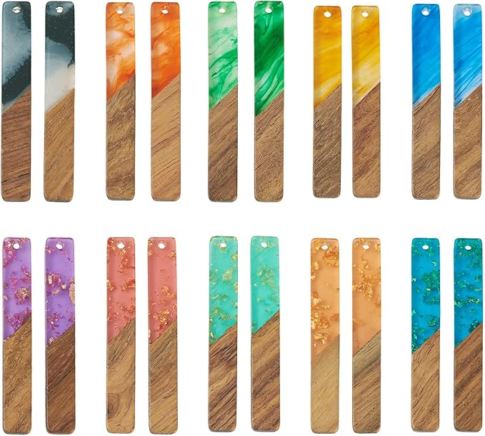 Beadthoven 20pcs/10 Pairs Rectangle Bar Charms DIY Bohemian Earrings Transparent Resin Wood Pendants Gold Foil Watercolor Natural Wooden Pieces Tag Pendants for Fashion Jewelry Making Necklace