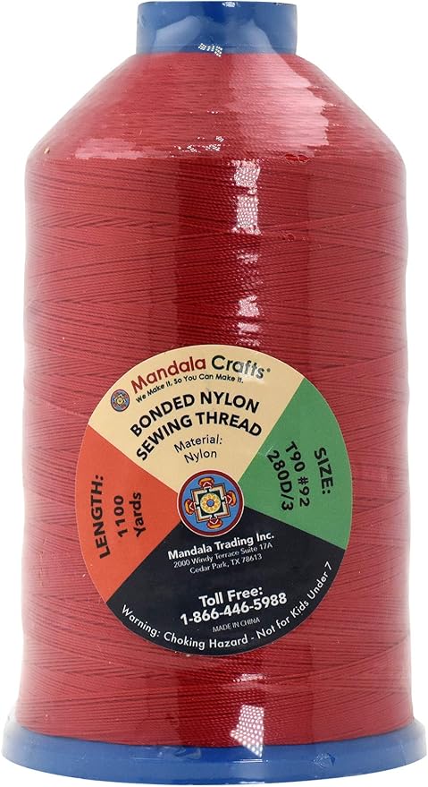 Mandala Crafts Size 92 280D T90 Bonded Nylon Thread - Red 1100 YDs Tex 90 Heavy Duty Sewing Threads for Leather, Jeans, Weaving, Outdoor Marine Upholstery