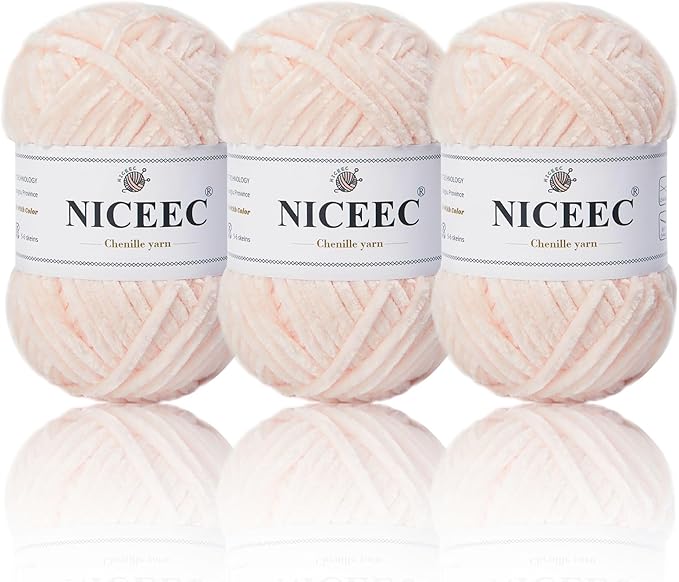 NICEEC 3 Skeins Soft Chenille Yarn Blanket Yarn for Knitting Fancy Yarn for Crochet Weaving DIY Craft Total Length 3×85m (3×93yds, 3×50g)_Skin