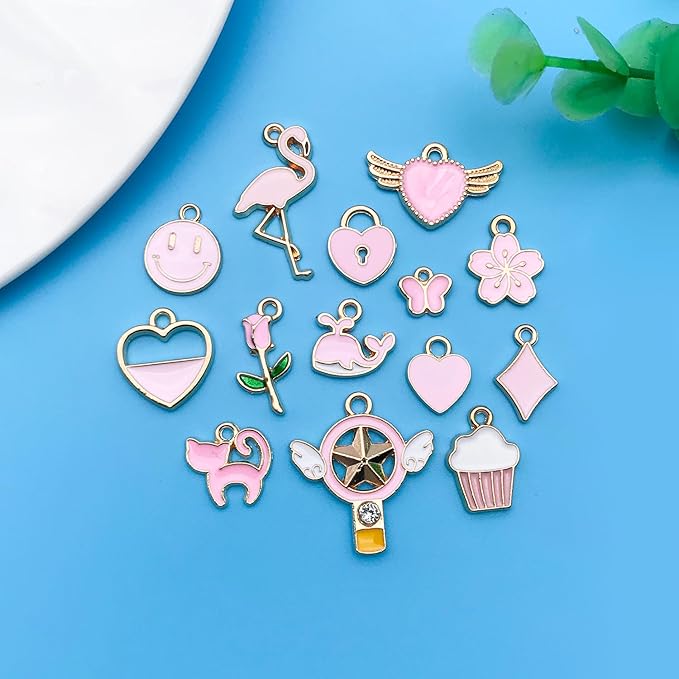 Youdiyla 60pcs Alloy enamel pink series fixed set Pendant Jewelry Making DIY Keychain Earrings Pendant Various Design Charms for Jewelry Making Bracelets Necklace (HK549)