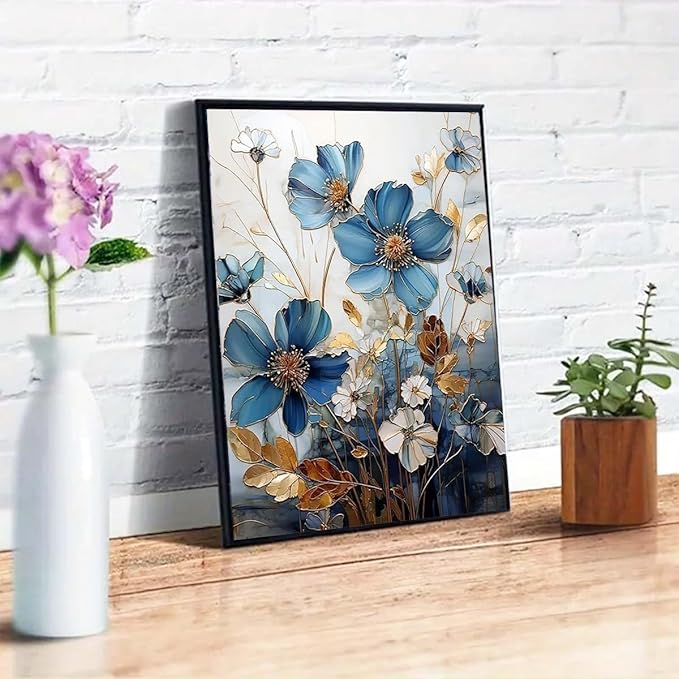GEMFAMILY 5D Blue Flowers Diamond Painting Kits for Adults, Flowers Diamond Art Kit for Beginners,DIY Full Round Drill Diamond Dot Gem Art Kits for Adults Home Wall Decor 12 X 16inch