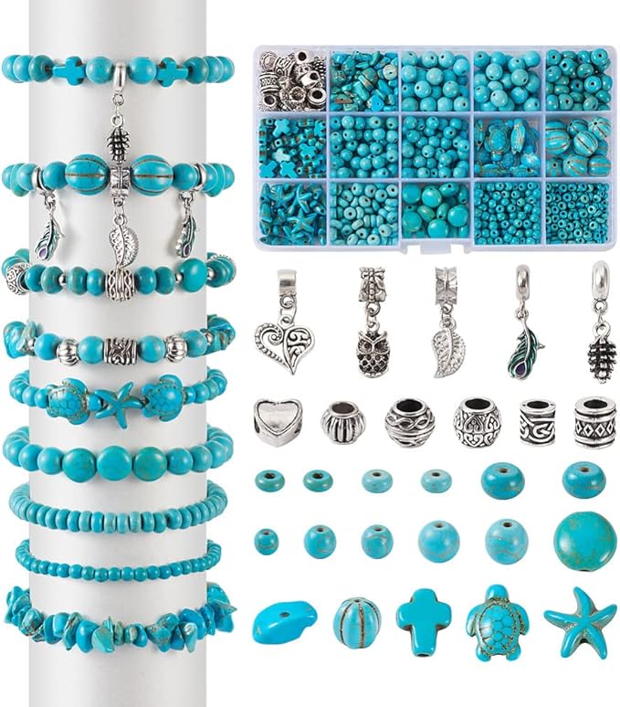 FASHEWELRY Turquoise Bead Bracelet Making Kit Green Stone Beads in Round, Flat Round, Rondelle, Cross, Turtle, Starfish, Chip Shape & Tibetan European Beads & Dangle Charms for Bohemian Jewelry