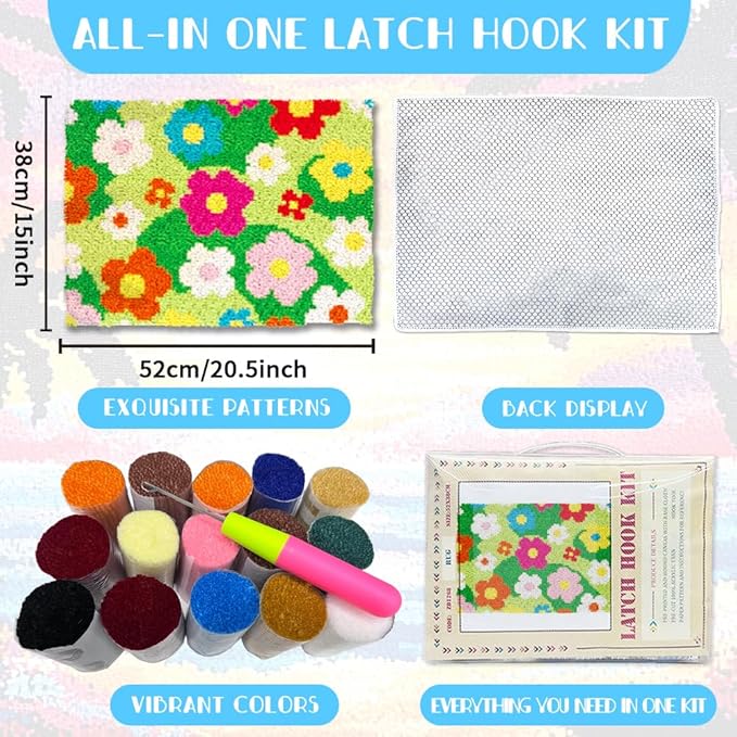 ORIGACH Grassland & Flowers Latch Hook Rug Kit for Adults Printed Rug Making Kit Handmade Carpet Tapestry Cover with Hook Latch and Preprinted Canvas, Home Arts Crafts Sofa Decor, 20.5x15inch
