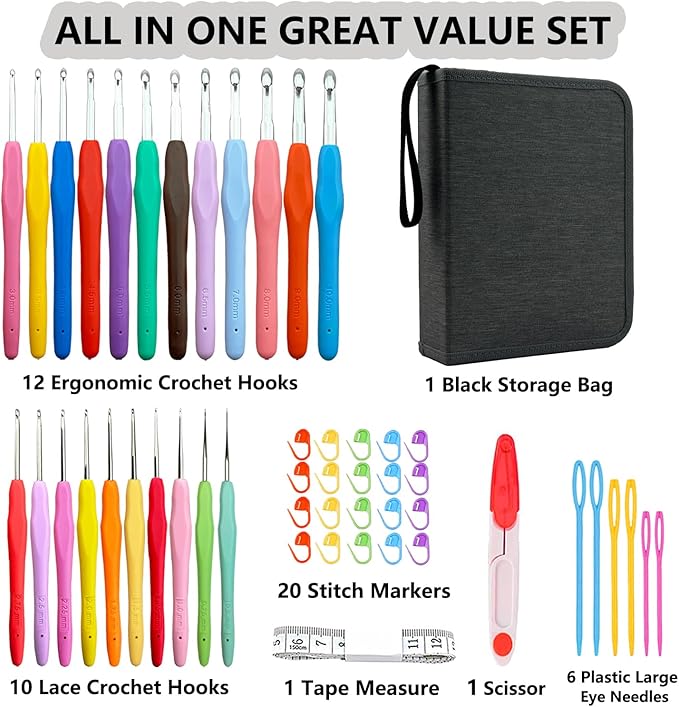 Hobekoee 22 Sizes Crochet Hooks Set with Black Case,0.5mm-10mm Ergonomic Soft Handle Crochet Hook Needles Set for Arthritic Hands,Complete Crochet Set