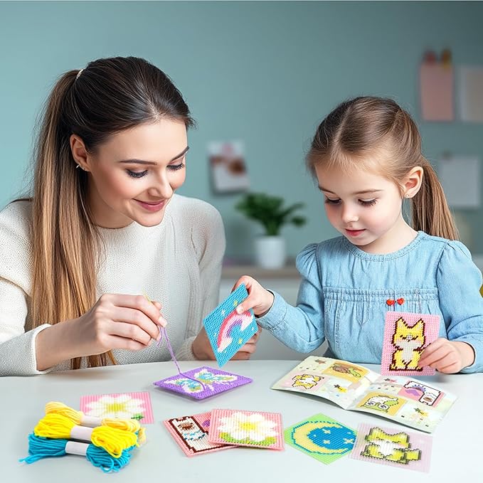 Pllieay 10-in-1 Cross Stitch Beginner Kit for Kids, Kids Embroidery Kit for Beginners Includes 10pcs Plastic Mesh Canvas with Different Pattern, 17 Colored Threads, Instructions for Christmas