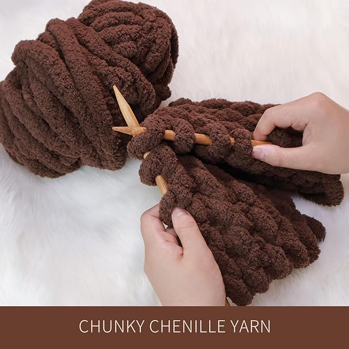 Coffee Chunky Chenille Yarn for Crocheting Bulky Thick Fluffy Yarn for Knitting,Super Bulky Hand Blanket, Soft Plush Yarn Crochet Carpet/Scarf/Cushion/ 8 Jumbo Pack(63.76oz/197.68yd