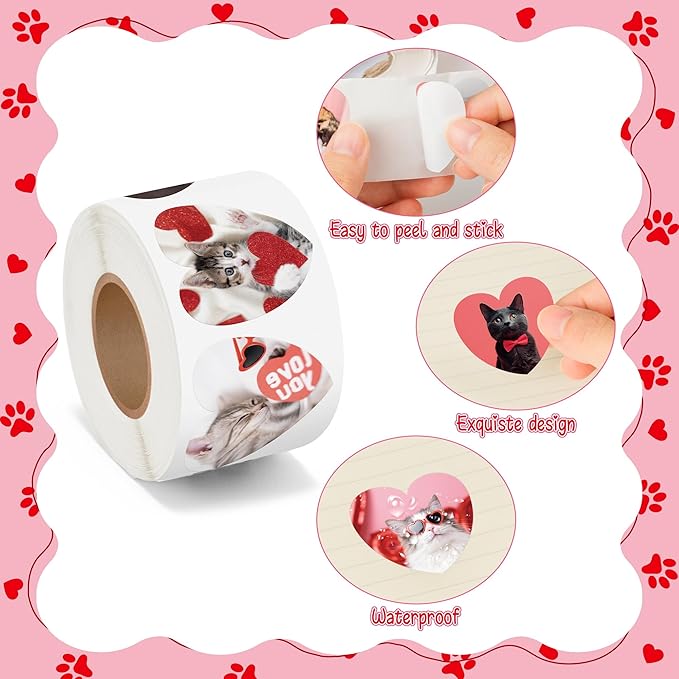 beyumi valentine realistic cat sticker - 1000pcs valentine's day realistic cat stickers in 2 rolls for kids valentine animal heart waterproof decal greeting card envelope scrapbooking party gift decor