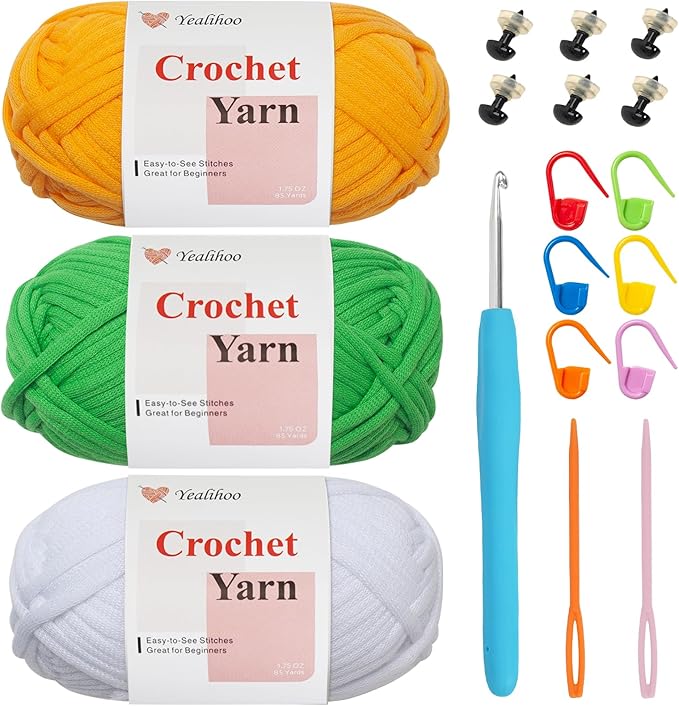 Crochet Yarn for Beginners, 3 Skeins × 1.75 oz Beginner Yarn for Crocheting & Knitting, Amigurumi Easy Yarns, Dinosaur Crochet Kit, Easy-to-See Stitches, Worsted Medium # 4, Cotton-Nylon Blend