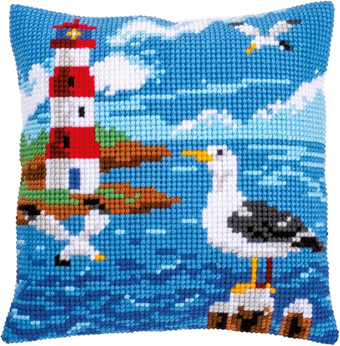 Vervaco Cross Stitch Embroidery Kits Pillow Front for Self-Embroidery with Embroidery Pattern on 100% Cotton and Embroidery Thread, 15,75 x 15,75 Inches - 40 x 40 cm, Seagulls
