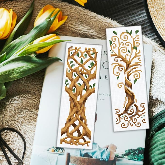 ORIGACH 6 Set Tree of Life Cross Stitch Bookmark Kit for Beginner with Backing Felt Floss Instructions DIY Stamped Embroidery Bookmark Kit for Adults, Book Lovers