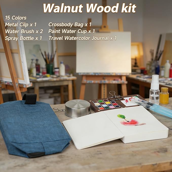 Mini Watercolor Paint Set,Portable Travel Watercolor Set,Pocket Watercolor Kit with Paint, Brush, Sketchbook & Metal Clip, Paint Water Cup and Crossbody Bag for Beginners, Painting Artists