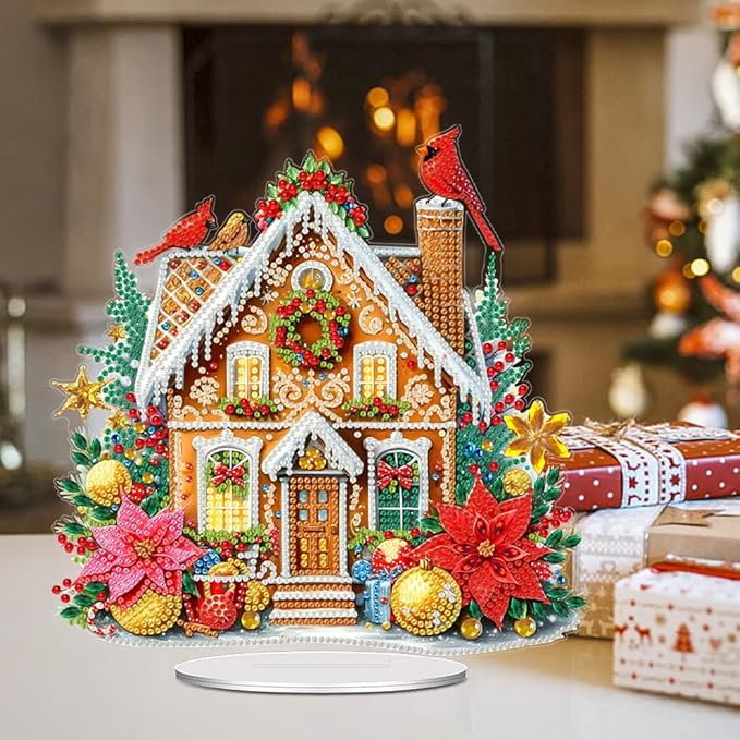 LAKEQUILL Christmas Diamond Painting Kits, Cookie House Tabletop Ornament, Stand Up Diamond Art Desktop Kits for Home Office Decor, New Year Gift