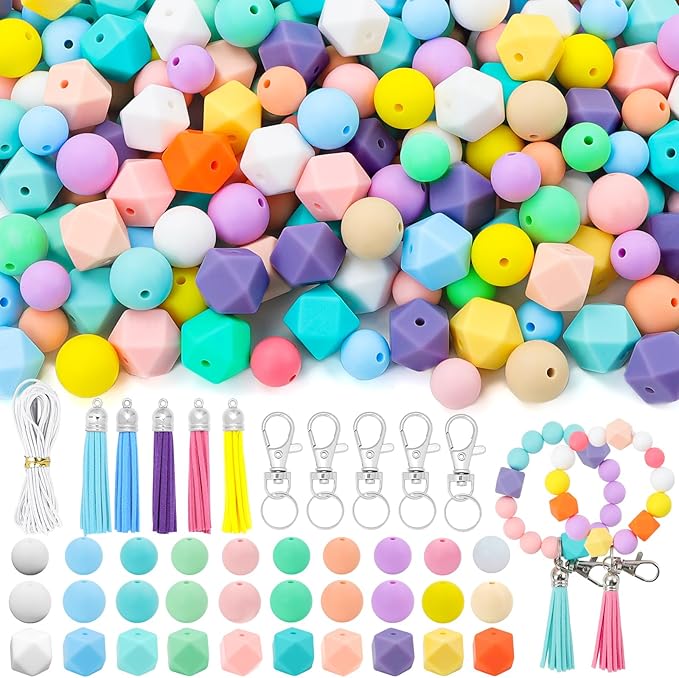 121 PCS Silicone Beads for Keychain Making Kit,12mm 15mm Round 14mm Polygonal Rubber Beads Candy Color Bulk Silicone Loose Beads for DIY Necklace Bracelet Jewelry Crafts Making Supplies