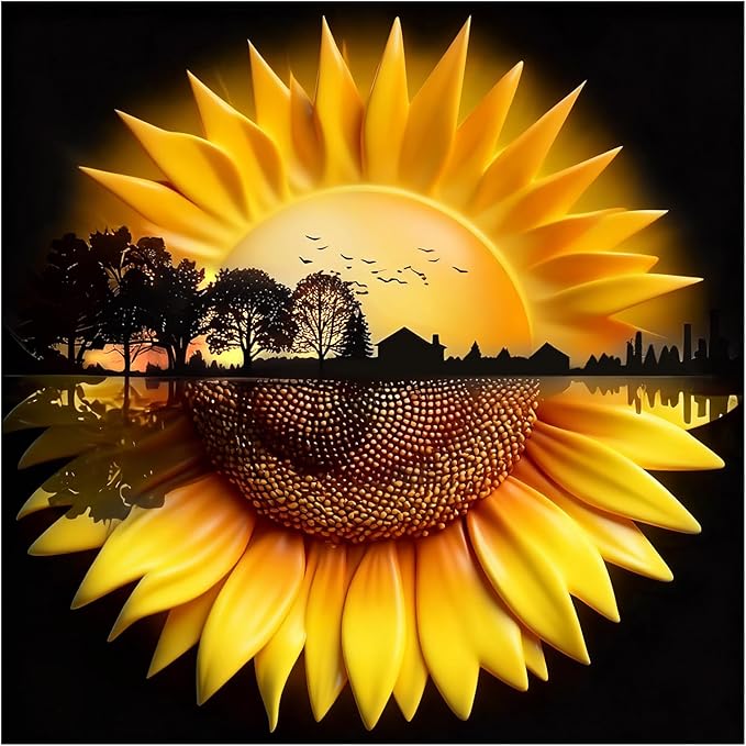 Domnpes Sunflower Diamond Art Kits for Adults, 5D Diamond Painting Kits for Beginners, DIY Round Full Drill Bead Craft for Home Wall Decor Gift 11.8x11.8 inch, Landscape