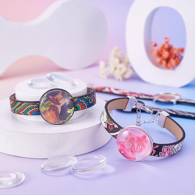 FASHEWELRY 6Pcs PU Leather Cord Bracelet Bezel Bohemian Blank Photo Tray Bracelet Band Settings 26.5mm Adjustable Round Tray With Glass Cabochons for Jewelry Making