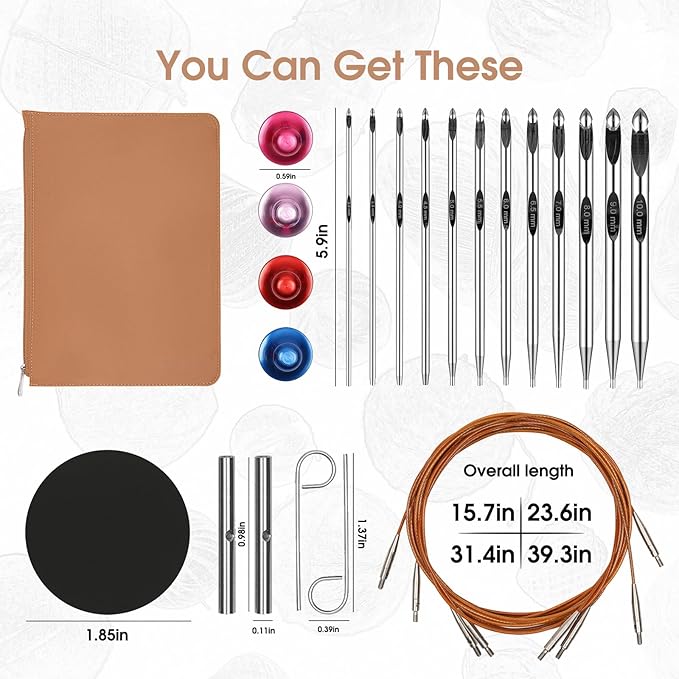 Tunisian Crochet Hooks Set Aluminum Metal Interchangeable Crochet Hook with Cable 3mm-10mm Ergonomic Crochet Hooks for Arthritic Hands 26Pic (Umber)