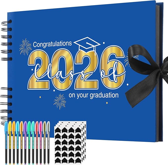 80 Pages Graduation Scrapbook Kit 11 x 8 Inch Photo Album of 2026 Graduation Decoration with 12 Metal Pens and 4 Sheets Stickers for DIY School Congrats Grad Memory Book to Sign(Blue)