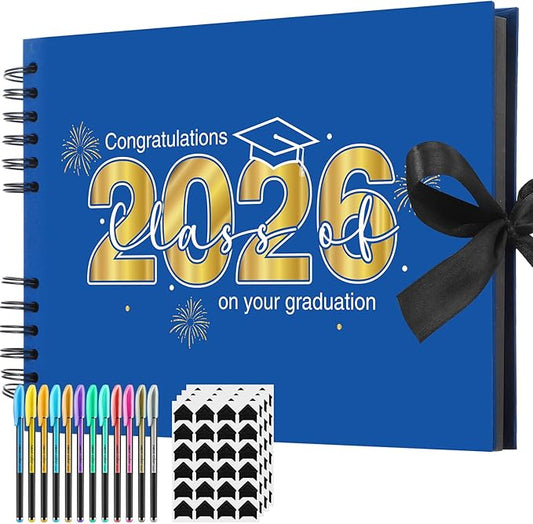 80 Pages Graduation Scrapbook Kit 11 x 8 Inch Photo Album of 2026 Graduation Decoration with 12 Metal Pens and 4 Sheets Stickers for DIY School Congrats Grad Memory Book to Sign(Blue)