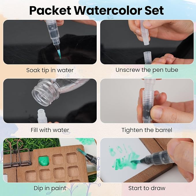 Mini Paint Palette Travel Kit,Mini Travel Watercolor Palette Set,Pocket Artist Acrylic colour Sets with Watercolor Pens,Binder Clips, Include 24 Colors Paint for Beginners Artists