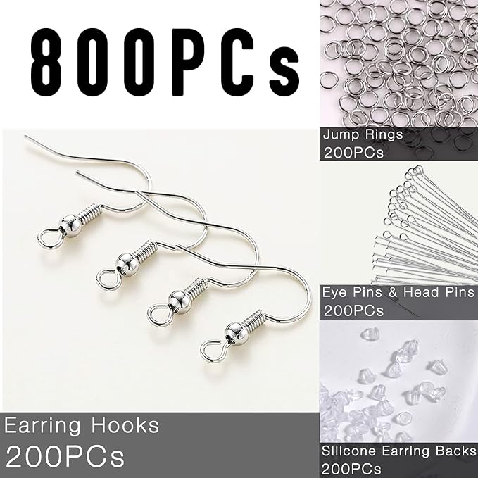 stino 800/220pcs hypoallergenic earring hooks for jewelry making, stainless steel earring findings supplies, silver & gold plated (fish hook silver (800pcs))