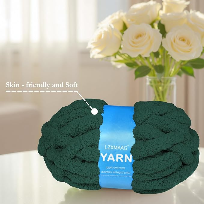 Chunky Yarn for Hand Knitting and Blankets – Super Soft Jumbo Chenille Yarn Pack for Crocheting, Bulky DIY Projects, 8 Skeins(Dark Green)