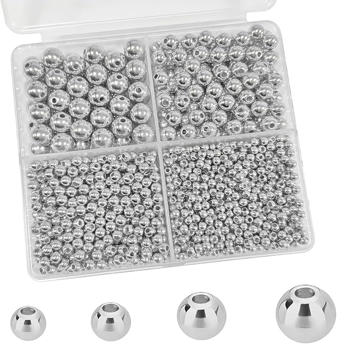 1680pcs Silver Round Spacer Beads 3/4/6/8mm 4 Size Smooth Ball Beads for Jewelry Making Metal Circle Bead for Bracelet Necklace Earring Making Supply