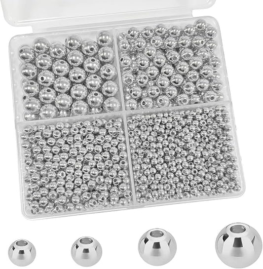 1680pcs Silver Round Spacer Beads 3/4/6/8mm 4 Size Smooth Ball Beads for Jewelry Making Metal Circle Bead for Bracelet Necklace Earring Making Supply