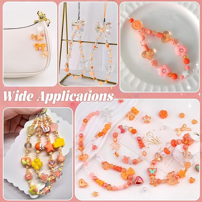 200-260PCS TINKRSTUFF Assorted Acrylic Beads Orange Cute Beads for Bracelet Making, Bow Flower Butterfly GummyBear Kawaii Charms, Aesthetic Bead for Necklace Keychain Jewelry Making DIY Phone Charm