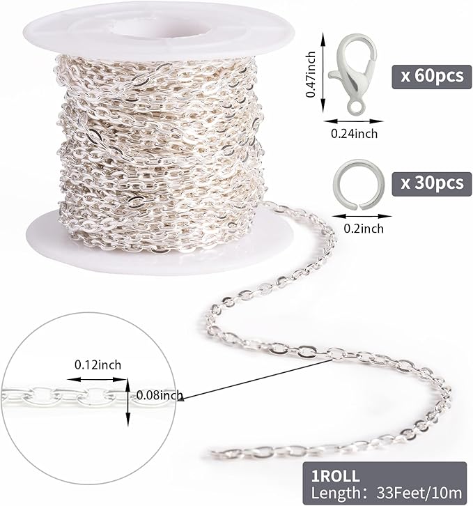 Lemonkey 33 Feet Metal Silver Necklace Chains Cable O-Shaped Links Chains Bulk for Jewelry Making DIY Craft Kit with Lobster Clasps Jump Rings