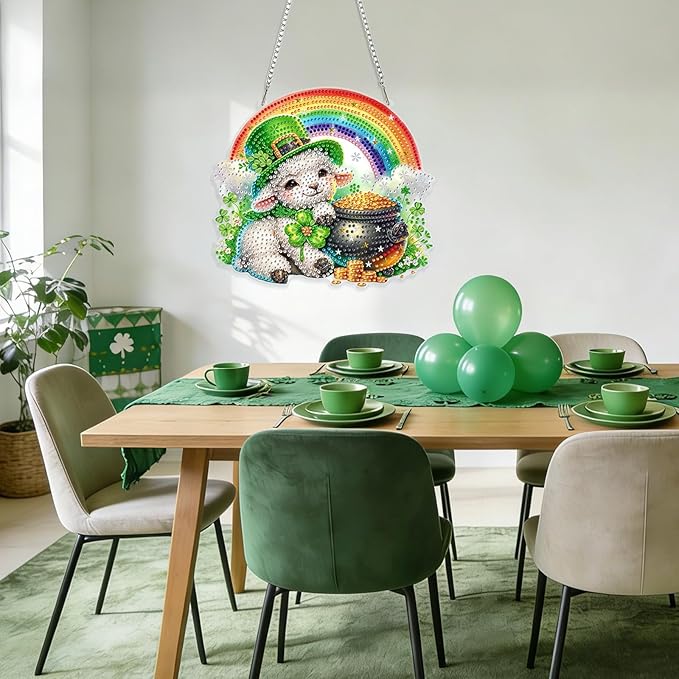 GHHKUD Sheep Diamond Art Hanging Kit for Adults, DIY Double Sided Diamond Painting Hanging St.Patrick's Day, Special Shaped Acrylic Ornaments Pendants for Window Home Garden Wall