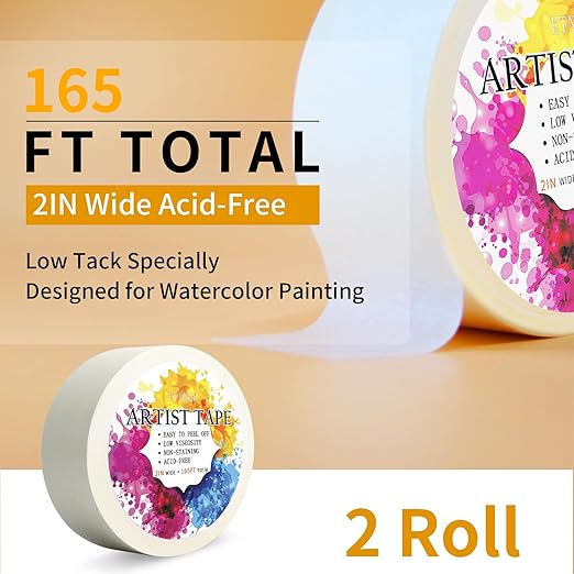 White Artist Tape for Watercolor Paper Drafting Art Low Tack Masking Tape Acid Free Painter Watercolor Tape for Painting Canvas Framing, 2 inches Wide 165FT Long Total