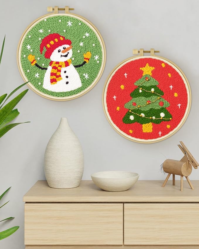 ERKOON Christmas Punch Needle Kit Adults Beginners, 2 Pcs DIY Easy Embroidery Set for Starter Art Craft, Needling Punch Project with Patterns, Tools, Yarns, Hoop, Instruction (ChristmasTree & Snowman)