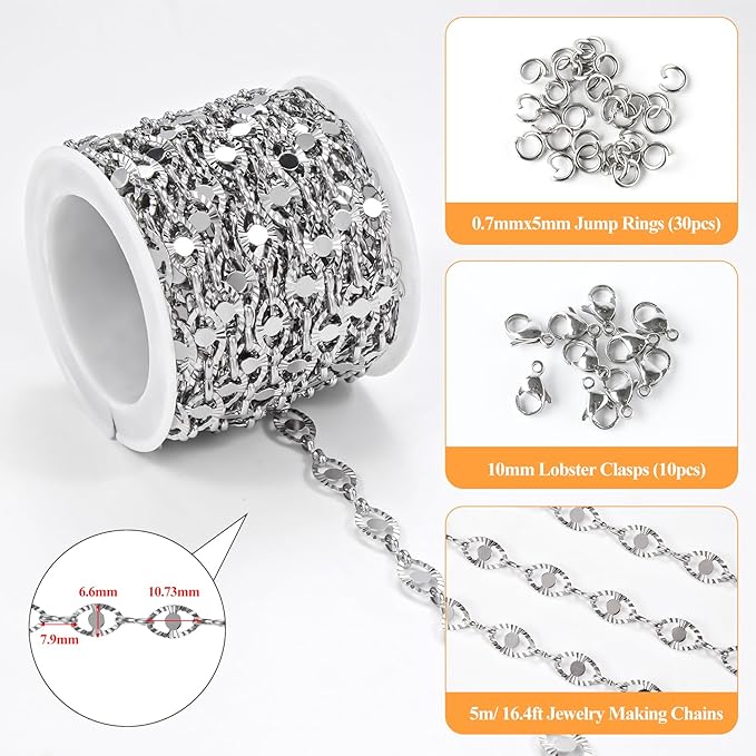 YOUBEIYEE 5 Meters Stainless Steel Chains for Jewelry Making Embossed Oval Bulk Chain Decorative Craft Chain Roll