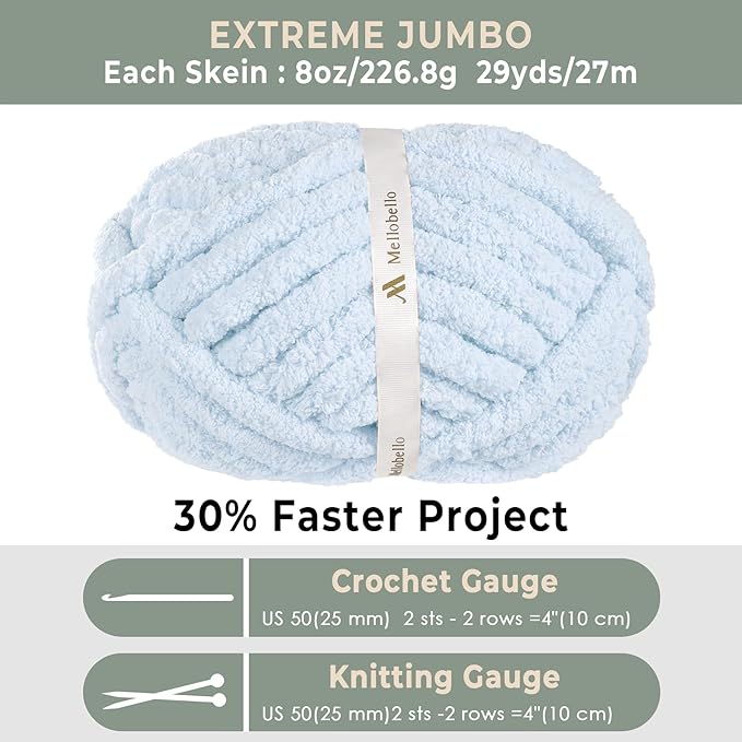 Mellobello Jumbo Chunky Yarn for Hand Knitting - Super Thick Chenille Chunky Yarn for Crocheting - Extra Soft Bulky Fluffy Blanket Big Yarn 8 Jumbo Pack (27yds,8 oz Each Skein) Sky Blue