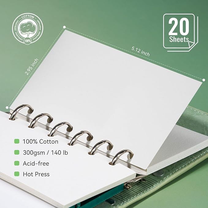 Portable Watercolor Sketchbook Set - 100% Cotton 5.1x3.0 Inch Hot Press 20 Sheets Binder Art Journal with 18-Well Ceramic Paint Palette & Travel Watercolor Brushes for Artists Outdoor Painting