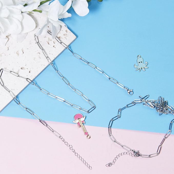 5 Pcs Paperclip Chain Necklace for Women 18 Inch Stainless Steel Silver Charm Necklace Chains Adjustable Link Chains with Lobster Clasps Polishing Cloth for DIY Women Jewelry Making Gifts Supplies