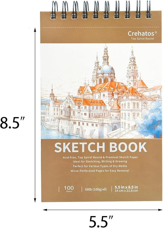 crehatos 5.5" x 8.5" small sketch book, top spiral bound sketch pad, 100 sheets each 68lb/100gsm drawing paper, 2 pack
