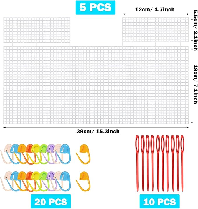 Allazone 39 PCS Clear Plastic Mesh Canvas Sheets for Embroidery, Plastic Canvas Plastic Mesh Sheets with 2 Color Acrylic Yarn for DIY Sewing Bag