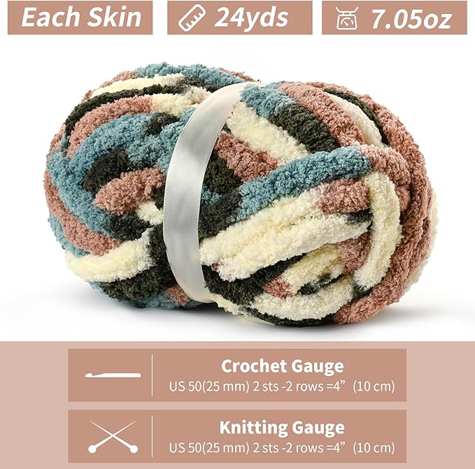 10 Pack Jumbo Chunky Yarn for Hand Knitting, Fluffy Chunky Chenille Yarn for Crocheting, Variegated Chunky Knit Baby Blanket Yarn, 240 yds /70.5 oz Super Bulky Yarn（Apricpot Green）
