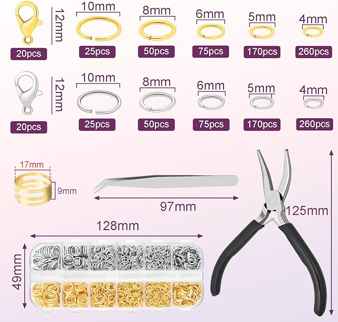 1200pcs Jump Rings for Jewelry Making Supplies, Necklace Repair Kit with Pliers and Jump Ring Opener, 12mm Lobster Clasp 5 Size Jump Ring for Jewelry Clasps and Closures (Silver and Gold)