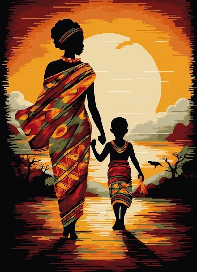 African Woman and Kid Sunset Latch Hook Rug Kit for Adults Easy Carpet Cushion with Printed Canvas Crochet Yarn Craft DIY Hooking Tapestry for Home Floor Decoration Pets Pads 52x38cm