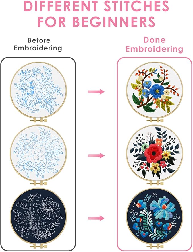TINDTOP 3 Sets Embroidery Kit for Adults, Floral Embroidery Practice Kit for Beginners Include Embroidery Cloth Hoops Threads for Craft Lover Hand Stitch with Embroidery Skill Techniques
