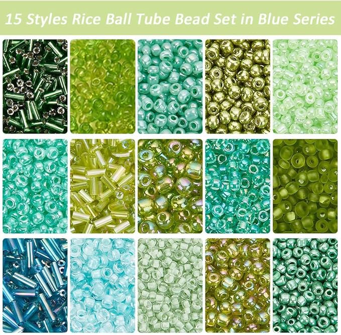 PH PandaHall 6178pcs 15 Colors Green Series Glass Seed Beads 5021pcs 2~4mm Glass Round Beads 1157pcs 4~6x2mm Tube Beads Kit Bugle Beads Loose Spacer Bead for Bracelet Necklace Jewelry Making