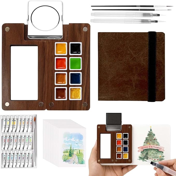 Mini Watercolor Paint Set - 3.7IN Mini Travel Watercolor Palette Set, Pocket Water Color Paint Palette Kit with 24 Colours, Sketchbook, Pens, Wooden Paints Box for Painters Artists